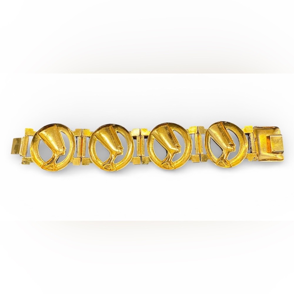 Vintage Egyptian Revival Statement Bracelet — Gold Tone Pharaoh Motif —Unsigned - Picture 3 of 10